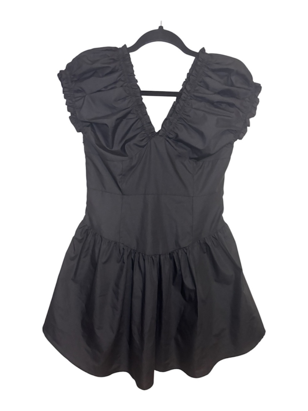 You Yuan Black Deep V Puff Sleeve Short Dress Fairycore Y2K Sz Small